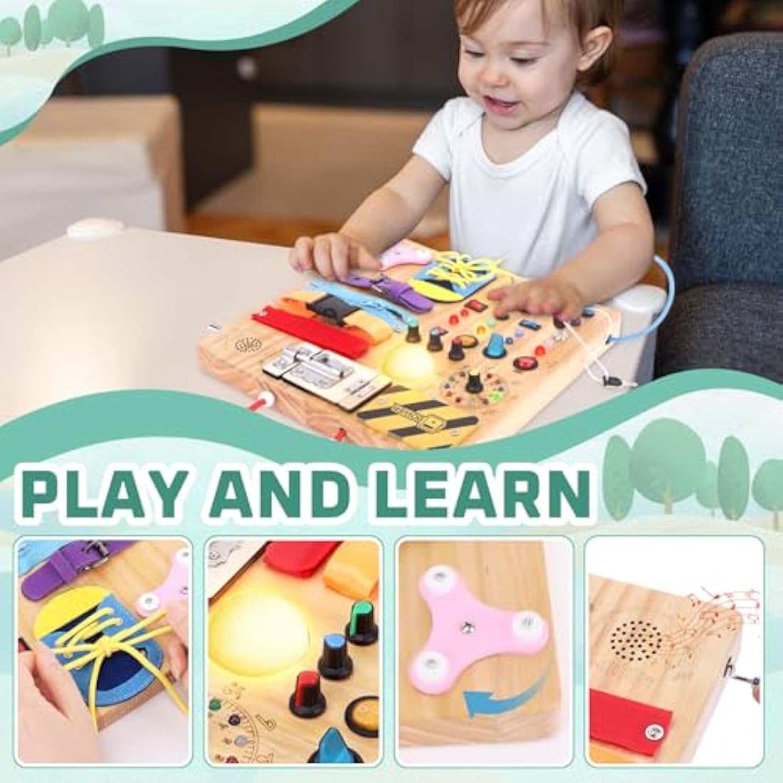 23 in 1 Busy Board Montessori Toys from 1 year Activity Board Wooden Toy With 15 Switches, 26 LED Lights, Motor Skills Toy for 1 2 3 year old boys and girls
