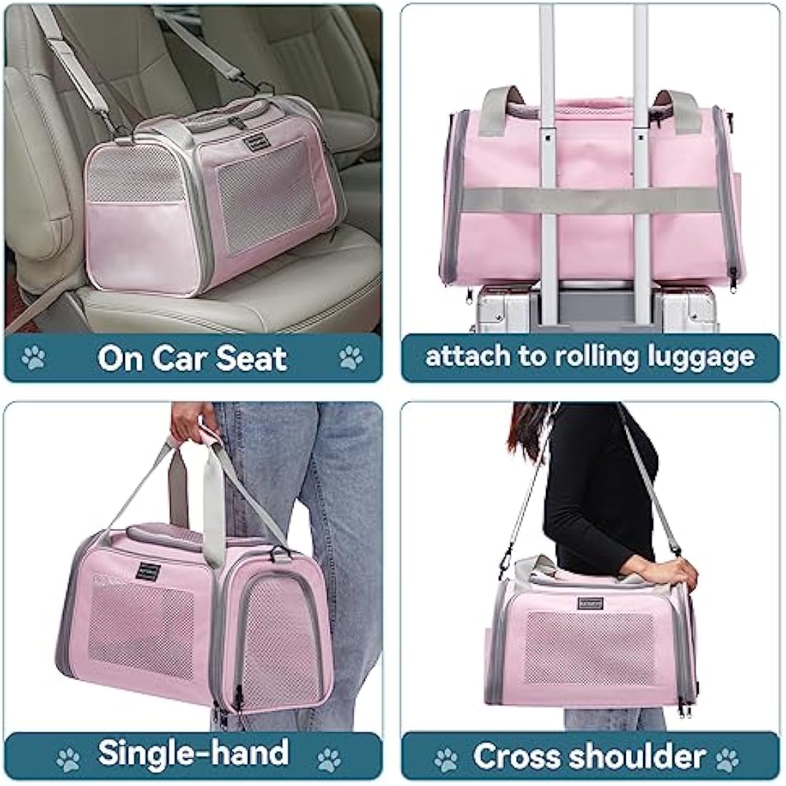 PETSFIT Cat Carrier Soft，Pink Pet Carrier with Extendable Fleece Mat, Puppy Carrier Airline Approved with Safety Leash for Pets Up to 12 Lbs (44 * 26.5 * 27CM, Pink)