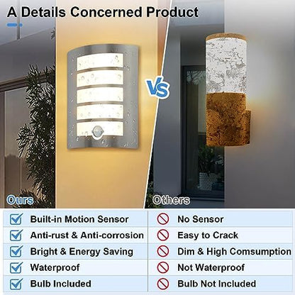 Allesgute Outdoor Wall Lights with PIR Motion Sensor, Curved Outside Light Mains Powered Stainless Steel IP44 Waterproof Wall Lamp Incl. 12W E27 LED Bulbs Warm White for Front Door Porch Stairway