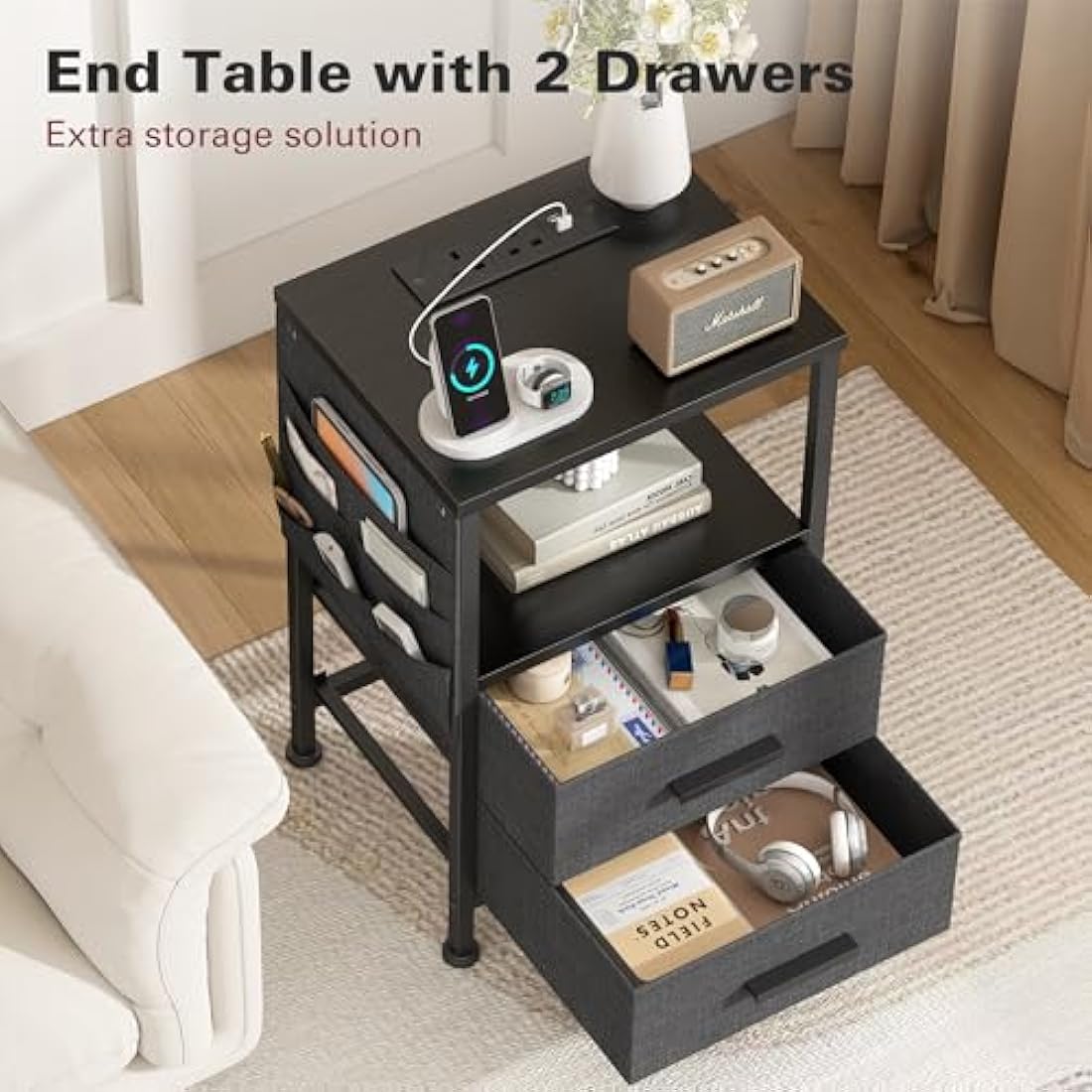 COWISH Bedside Table with Charging Station, 2 Drawers Bedside End Table, Industrial Sofa SideTable, Rolling Nightstand with Storage Shelf and Bag for Living Room, Bedroom, Black