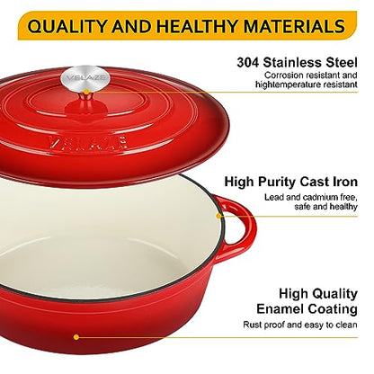 Velaze 5L Oval Dutch Oven, Non Stick Cooking Pan Pot Dutch Oven, Enamel Coating, Good Sealing, for All Heat Source, Classic 30cm(Red) 5l oval dutch