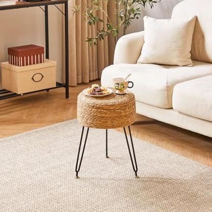 YMYNY Footstool Natural Seagrass Hand Weave, Vanity Makeup Stool, Pastoral Style Footrest, Padded Foot Rest with Metal Legs, Foot Rest Sofa Stool, for Living Room, 32×32×45CM Natural Color HBD029N