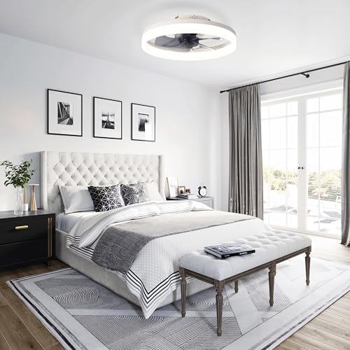 MOSSCO Ceiling Fans with Lights and Remote, LED Dimmable 3 Colour 6 Speeds Reversible Fan Light, Modern Fan Lights Ceiling for Bedroom, Flush Mount Low Profile Ceiling Fan Light White 40CM