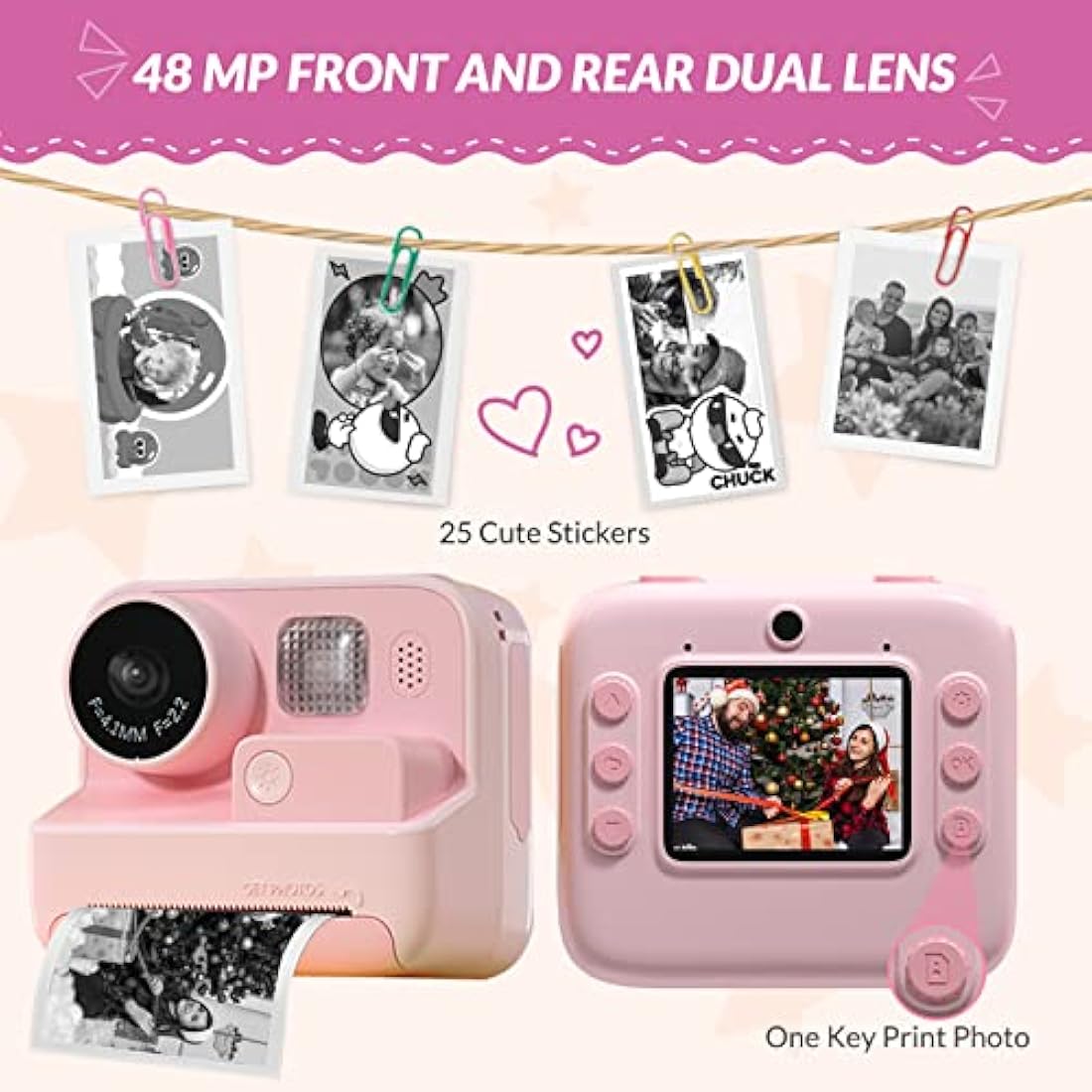 Mafiti Kids Camera Instant Print, 48MP Digital Camera with Zero Ink, Selfie 1080P Video Camera with 32G TF Card, Toys Gifts for Girls Boys Aged 3-12 for Christmas/Birthday/Holiday (Pink)
