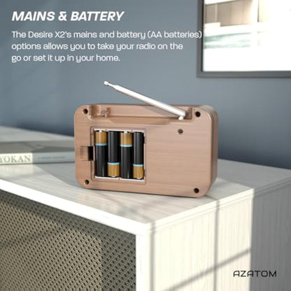 DAB/DAB+ & FM Portable Digital Radio | Simple Controls | Dual Alarms & Sleep Timer | Battery & Mains Powered (4x”AA”) | Bluetooth | Perfect for Home, Office or Outdoors | AZATOM Desire X2 (Walnut)