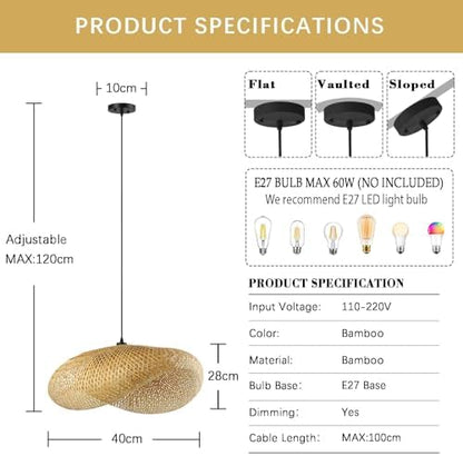 Schindora Pendant Light Retro,Hat Bamboo Lampshade 40Cm Weaving Pendant Light Fixtures E27 Creativity Pendant Lighting Ceiling for Dining Room Living Room Restaurant,Light Straw