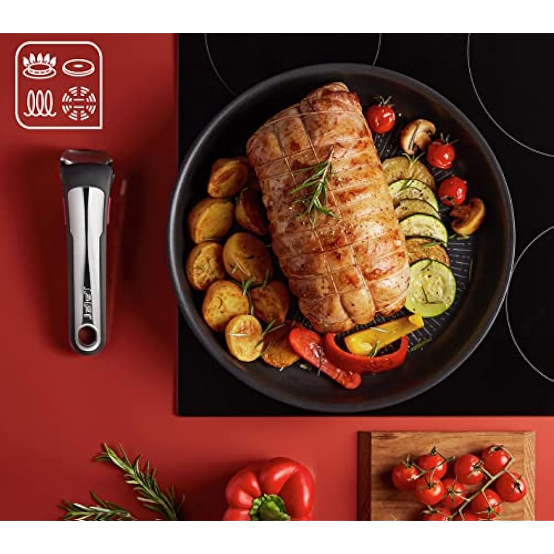 Tefal Ingenio Unlimited ON 4 Piece Non-Stick Induction Saucepan Set, 16&18&20 cm Saucepans, 1 Bakelite Removable Handle, Easy Cleaning, Heat Indicator, Black, L3959443