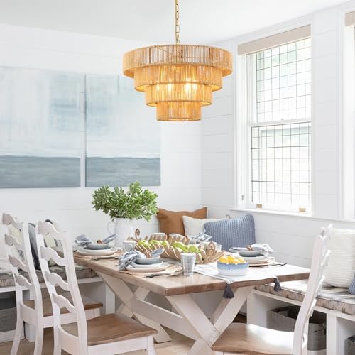 Schindora 50CM Boho Pendant Light,Hand-Woven Rattan Lampshade 6-Lights Light Shade 4 Round Transitional Rustic Large Lamp Shades Ceiling for Kitchen Island Bedroom Dining Room Living Room,Brass