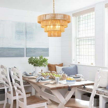 Schindora 50CM Boho Pendant Light,Hand-Woven Rattan Lampshade 6-Lights Light Shade 4 Round Transitional Rustic Large Lamp Shades Ceiling for Kitchen Island Bedroom Dining Room Living Room,Brass