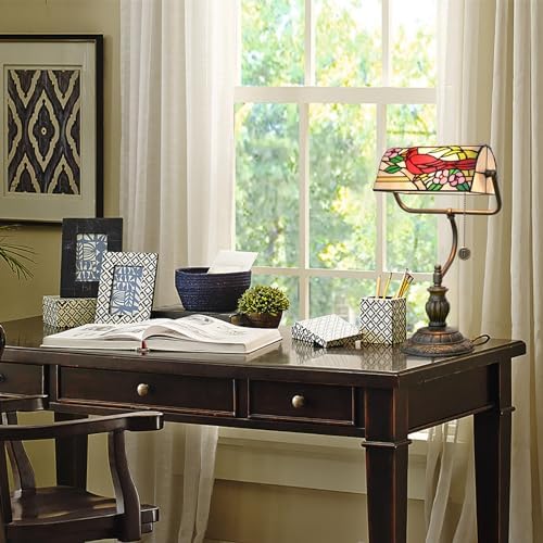 Blivuself Northern Cardinal Bird Tiffany Bankers Desk Lamp Stained Glass Table Lamp Vintage Bedroom Bedside Office Study Pull Chain Reading Desk Light Gift Nightstand Aesthetic Antique Desklamp