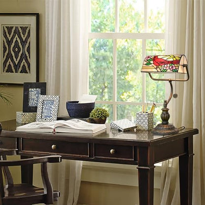 Blivuself Northern Cardinal Bird Tiffany Bankers Desk Lamp Stained Glass Table Lamp Vintage Bedroom Bedside Office Study Pull Chain Reading Desk Light Gift Nightstand Aesthetic Antique Desklamp