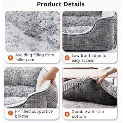 JOEJOY Extra Extra Large Dog Bed Washable Pet Bed, Rose Velvet Dog Bed Low Front Edge Cat Bed Non-Slip Bottom Puppy Bed, Orthopedic Calming Pet Bed For Labrador, Golden Retriever, Grey, 107x76x25 cm