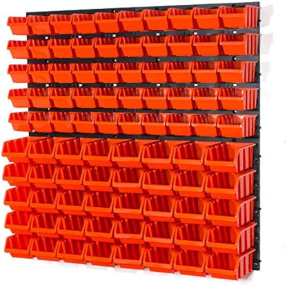 Set of 50 XS and 40 S size IN-Box storage bins and wall mounted louvre