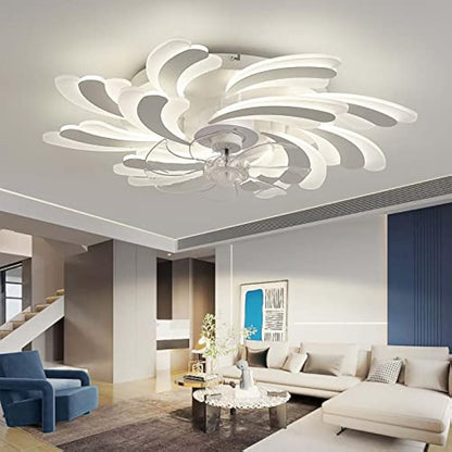 YUNZI LED 50W Ceiling Fan with Lamp, Quiet Fan Ceiling Light, Modern Dimmable Ceiling Fan Lighting for Living Room Dining Room Bedroom Kitchen, Adjustable 6 Speeds, White 80CM