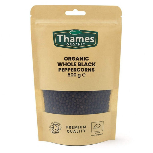 Organic Whole Black Peppercorns-Certified Organic, Non-GMO, Vegan, No Additives, No Preservatives, Resealable Bag by Thames Organic 500g