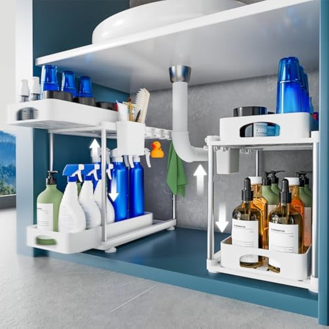 VERIFOST 2 Pack Under Sink Storage Kitchen Organiser, 2 Tier Under Sink Organiser with Two Slide-Out Drawers, Height Adjustable Undersink Storage Organiser Kitchen, White