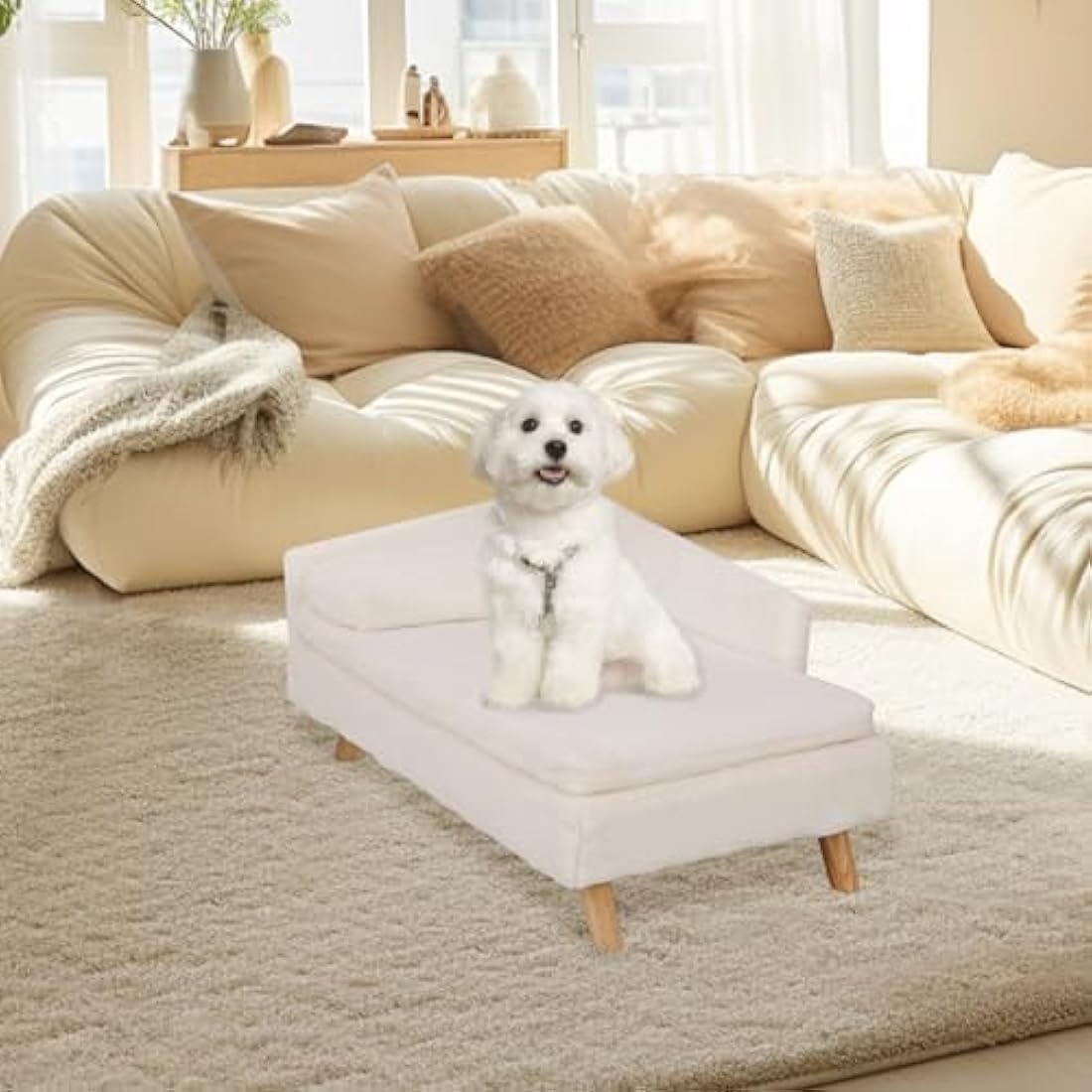 BingoPaw Elevated Dog Sofa Bed: L Shaped Raised Dog Lounger Couch with Durable Wooden Legs - Nordic Plush Fur Pet Chair Bed with Soft Removable Cushion Mat and Pillow L(80x50cm)