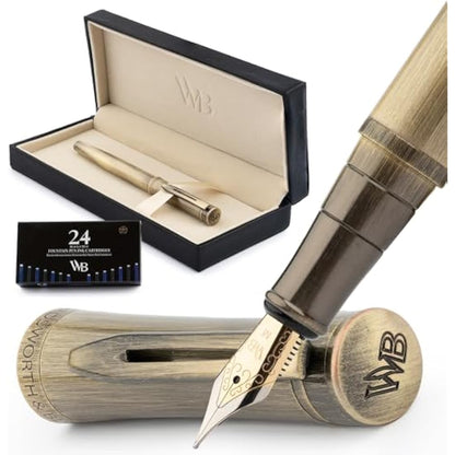 Wordsworth & Black Luxury Fountain Pen - Stunning Brushed Bronze Pen, 18K Gilded Nib (Medium), Ink Converter, Best Pen Gift Set for Men & Women, Professional, Executive, Office, Nice Pens