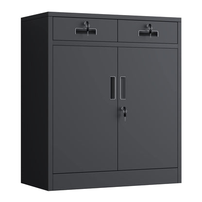JINGUR Metal Storage Cupboard with Locking Doors and 2 Drawers (Black)