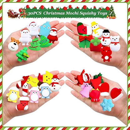 Christmas Mochi Squishy Toys,30 Pack Mini Kawaii Stress Squeeze Toy Moji Toys Christmas Squishies Mochies Fidget Toys for Xmas Party Bag Fillers Kids Girls Boys Birthday Gift,Christmas Stocking Filler