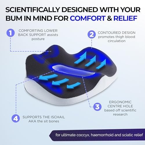 ComfyBums Hemorrhoid Donut Cushion For Coccyx, Tailbone, Piles Orthopaedic Pressure Relief - Memory Foam Pillow For Office Chair Seat Ring Cushions - Targets Sores & Pain Relief - Made For You