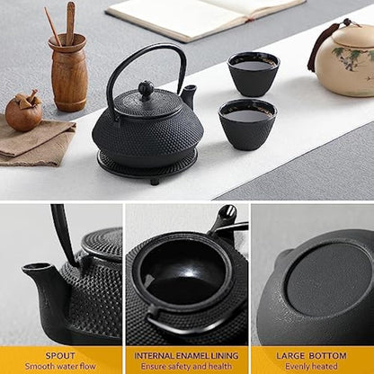 Velaze Iron Teapot set, Traditional Japanese Tetsubin Tea Kettle Cast Iron Teapot with Stainless Steel Infuser, Antique Small Dot Design, 2 Iron Cups and Trivet Stand Tray, 700ML/ 24OZ