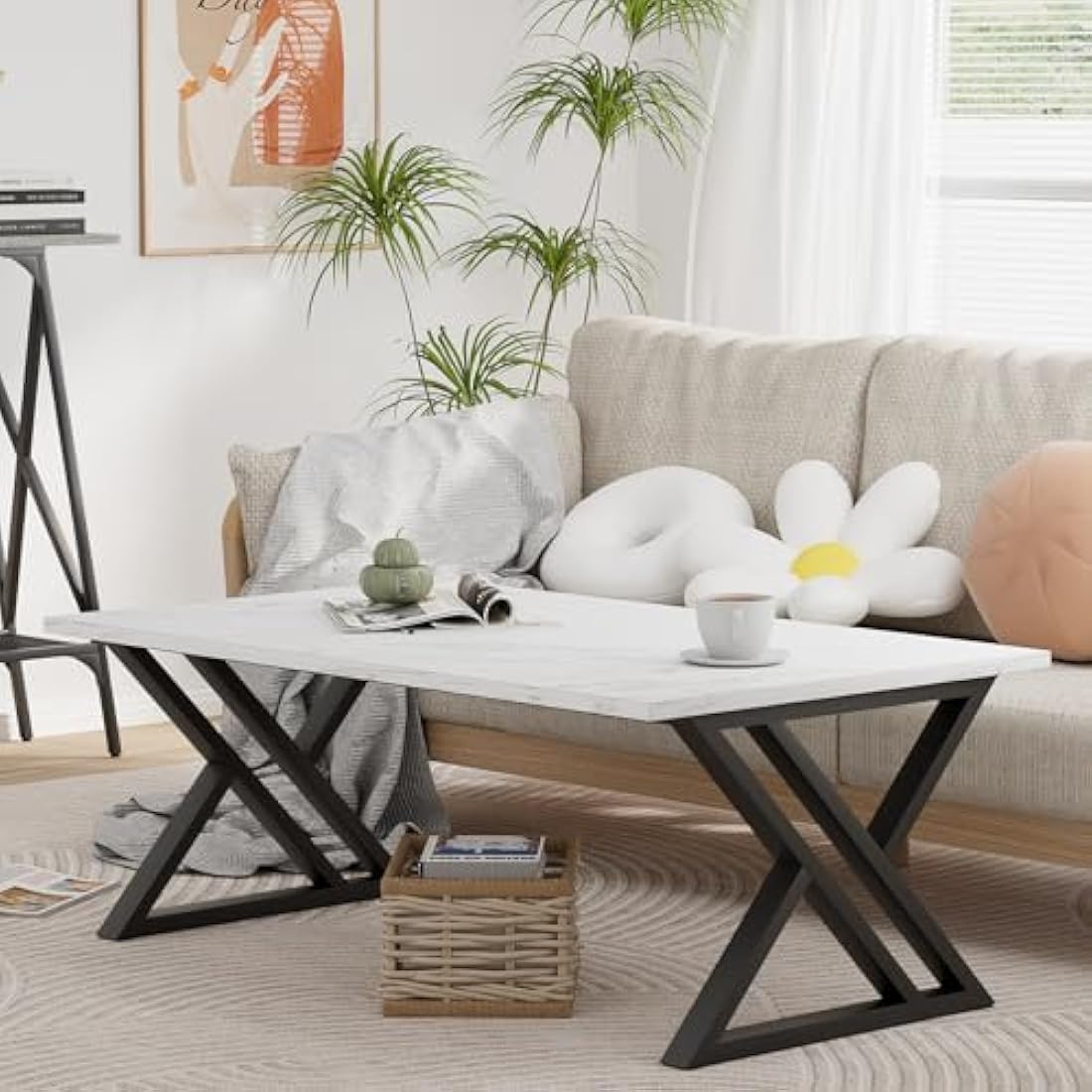 Coffee Table, Living Room Table, Center Tea Tables, Rectangular Tea Tables, End Sidetable with Black Metal Frame for Living Room Bedroom Office, Modern Open Design, 39.3 x 18.9 x 17.7 IN, White/Black