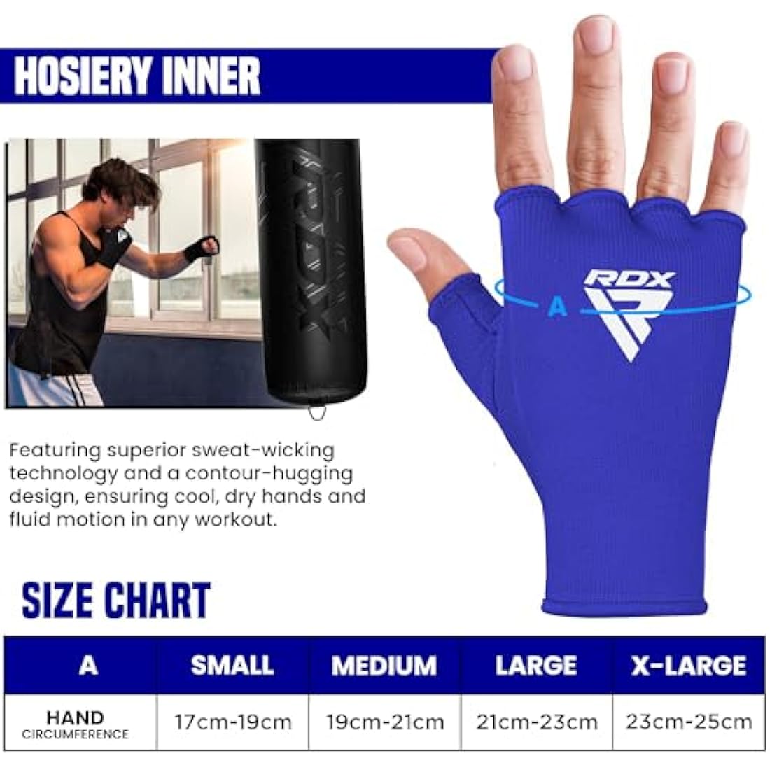 RDX Boxing Hand Wraps Inner Gloves for Punching - Half Finger Elasticated Bandages under Mitts Fist Protection - Great for MMA, Muay Thai, Kickboxing, Martial Arts Training, Combat Sports