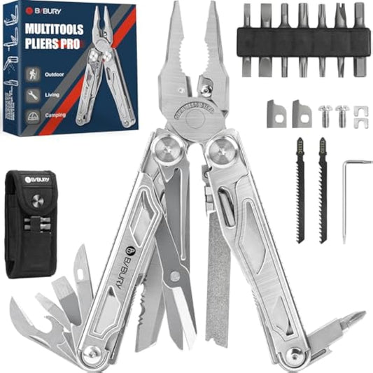 BIBURY Multitools, Multi Tool Foldable Pliers with Upgraded Scissors and Screwdriver Set, Stainless Steel Multitools with Nylon Pouch, Ideal for Camping, Outdoor, Repairing - Gift for Dad Men - Pro