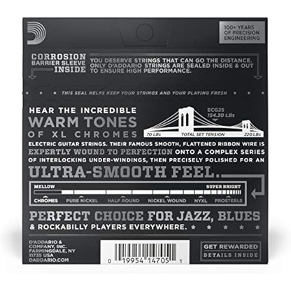 D'Addario Guitar Strings - XL Chromes Electric Guitar Strings - Flat Wound - Polished for Ultra-Smooth Feel and Warm, Mellow Tone - ECG25 - Light, 12-52, 1-Pack