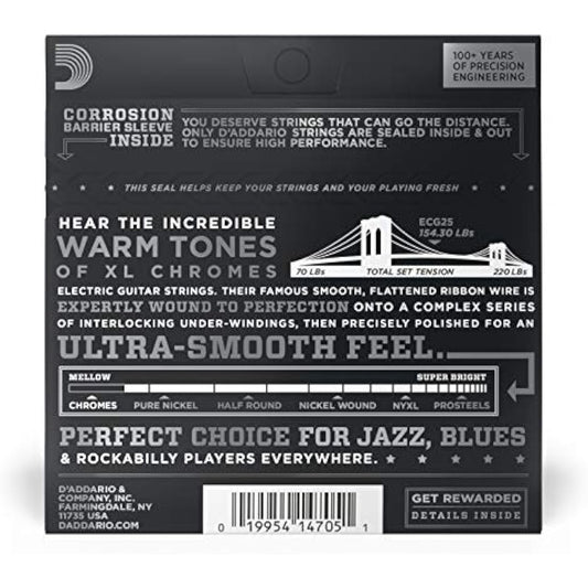 D'Addario Guitar Strings - XL Chromes Electric Guitar Strings - Flat Wound - Polished for Ultra-Smooth Feel and Warm, Mellow Tone - ECG25 - Light, 12-52, 1-Pack