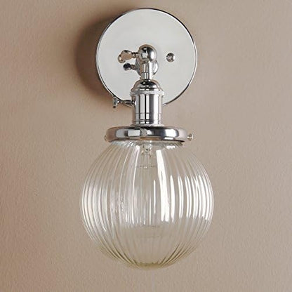 PathsOn 15cm Industrial Modern Vintage Retro Wall Lights, Loft Bar Kitchen Sconce Lights Lamp Fixture with Ribbed Globe Clear Glass Light Shade (Chrome)