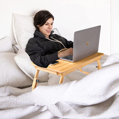 Bamboo Laptop Bed Table, Foldable Bed Table Bed Reading Tray With Vents, Computer Stand Portable Bed Adjustable Bamboo Computer Table with Drawer for