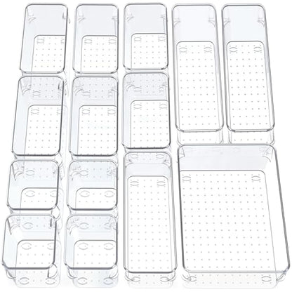 SMAZIUL 14 Pcs Clear Drawer Organiser with 4 sizes Desk Organizer ideal for organizing, cosmetics, makeup, jewelry, office supplies, bathroom accessories & much more