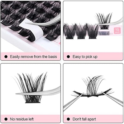 Cluster Lashes Extensions, 144Pcs Individual Clusters Lashes D Curl 15mm, Wide Stem Cluster Eyelashes Soft Natural False Eyelashes DIY Eyelash Extension At Home (15mm, 144P D Curl)