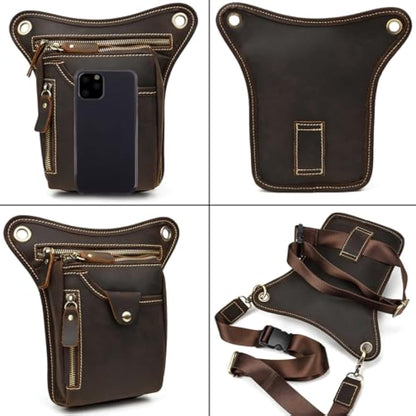 Mens Genuine Leather Messenger Shoulder Bag Motorcycle Bike Riding Cycling Multi-Purpose Thigh Waist Fanny Pack Travel Hiking Sports Camping Pouch, Dark Brown