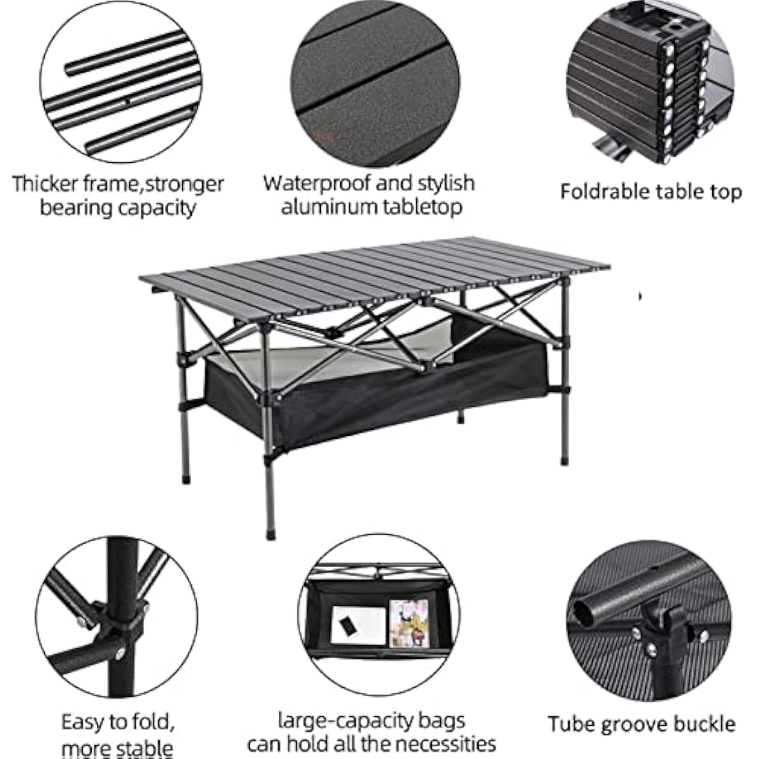 Foldable Camping Table, Alloy Steel Roll-up Picnic Table with Large Storage and Carrying Bag for Outdoor Picnic, Camping, BBQ, Party, Backyard, Beach