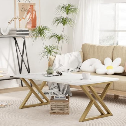 Coffee Table, Living Room Table, Center Tea Tables, Rectangular Tea Tables, End Side Desk with Gold Metal Frame for Living Room Bedroom Office, Modern Open Design, 39.3 x 18.9 x 17.7 IN, White/Gold