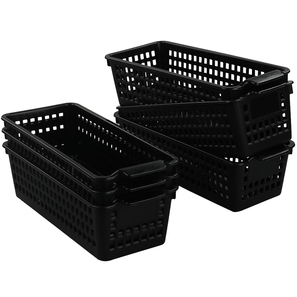 Begale 6 Pack Slim Plastic Storage Baskets, Small Cupboard Basket, Black