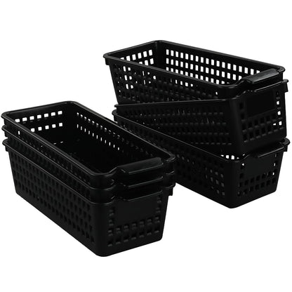 Begale 6 Pack Slim Plastic Storage Baskets, Small Cupboard Basket, Black