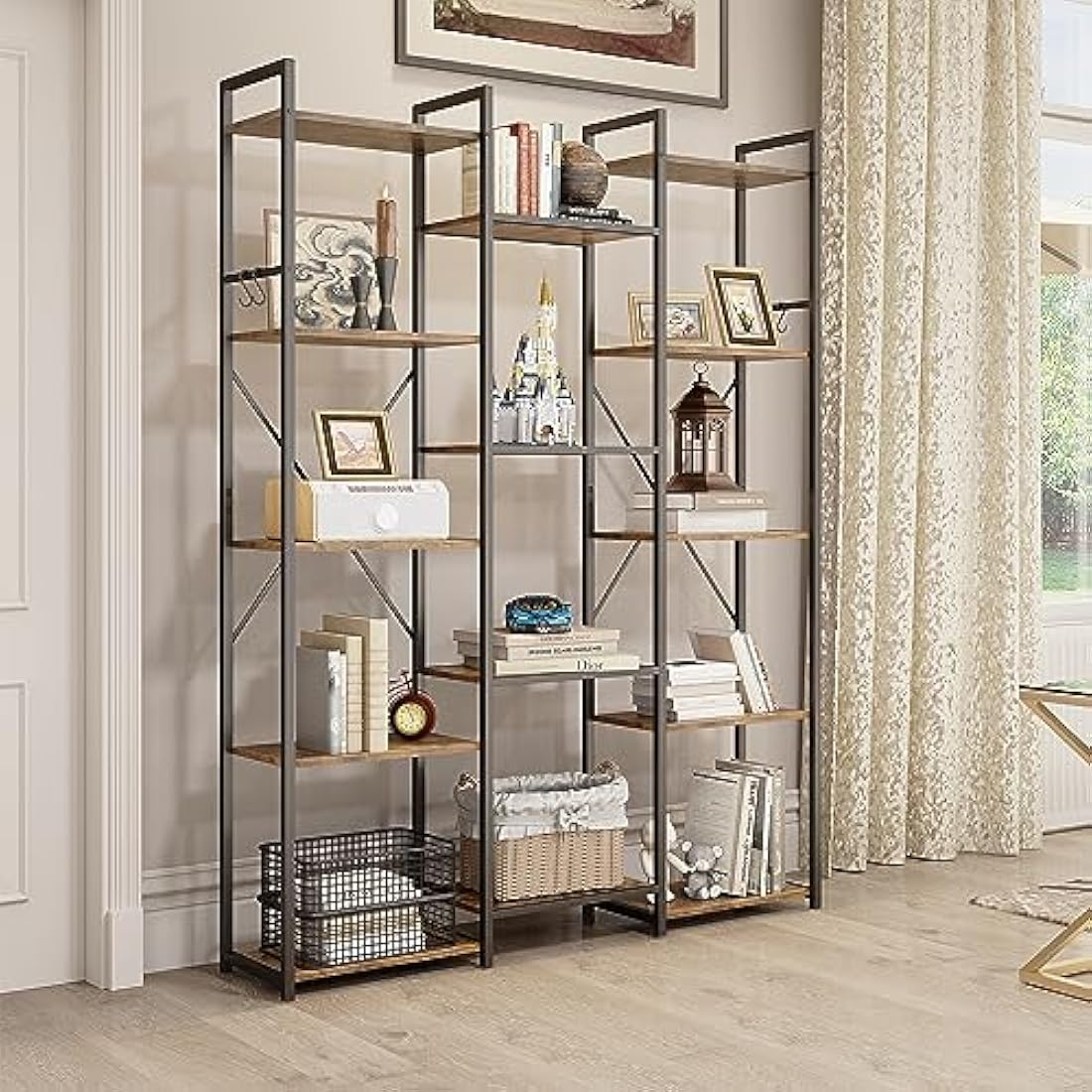 YITAHOME Bookcase, Floor Standing Book shelf with 14 Shelves and Hooks Tall Shelving Unit Display Storage Rack with Stable Metal Frame for Living Room, Home Office, Rustic Brown Bookshelf