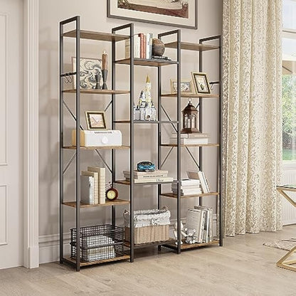 YITAHOME Bookcase, Floor Standing Book shelf with 14 Shelves and Hooks Tall Shelving Unit Display Storage Rack with Stable Metal Frame for Living Room, Home Office, Rustic Brown Bookshelf