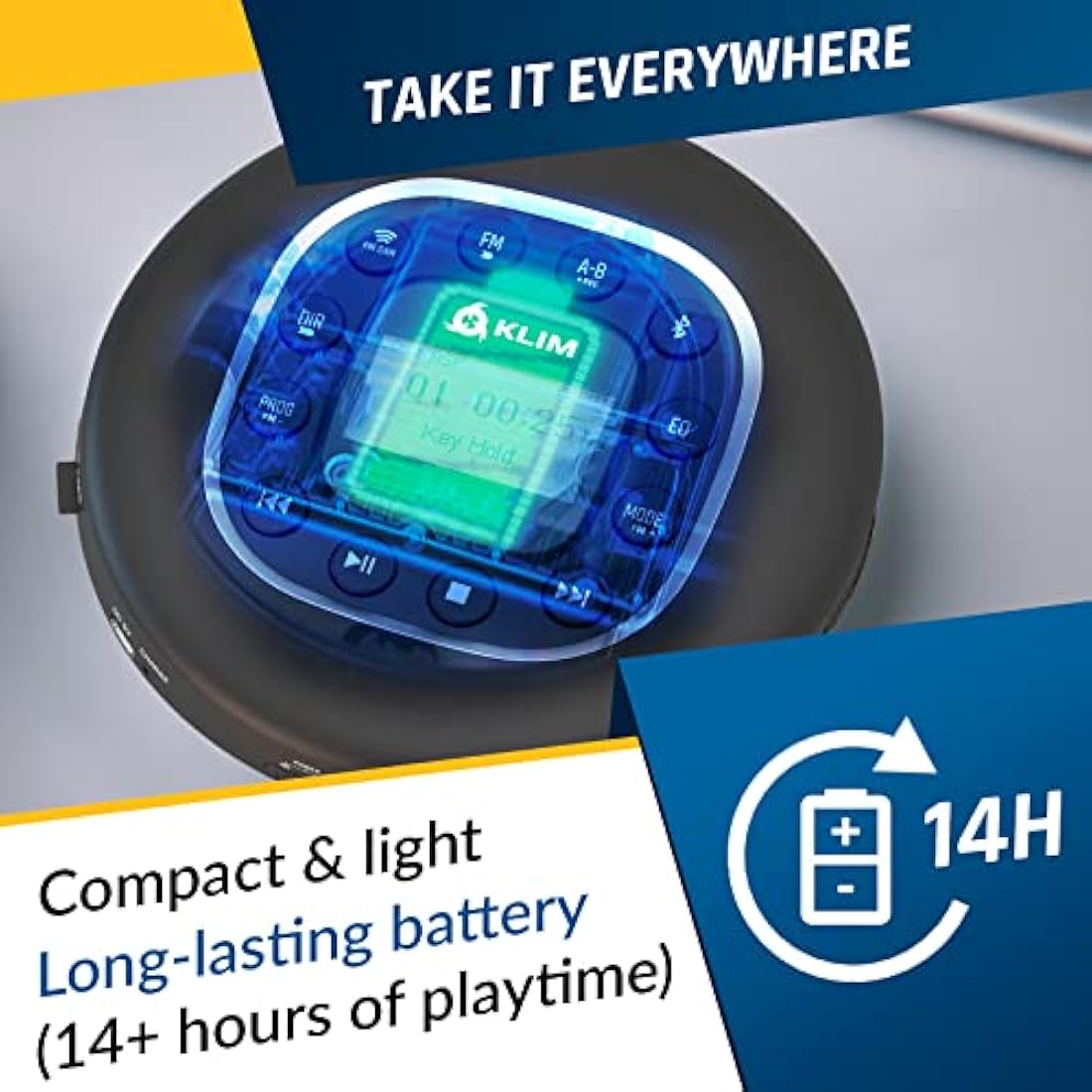 KLIM Journey - Portable CD Player with Long-Lasting Battery - New - with Headphones - Radio FM - Compatible MP3 CD Player Portable - SD Card, FM Transmitter, Bluetooth - Ideal for Cars - Black