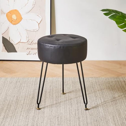 IBUYKE Faux Leather Round Footrest Stool, Makeup Vanity Stool Side Table, PU Dressing Table Seat, Pouf Couch Stool, Golden Steel Legs, Black L/G-31B