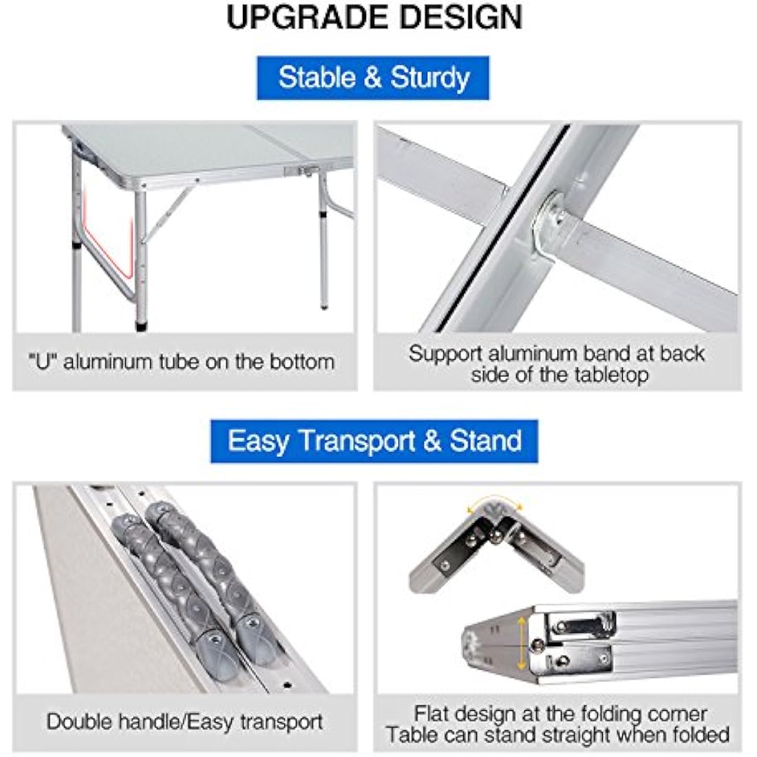 REDCAMP 3ft Folding Camping Table with Adjustable Height, Portable Foldable Picnic Tables for Outdoor Indoor Kitchen Garden, 2 Heights (39/70)