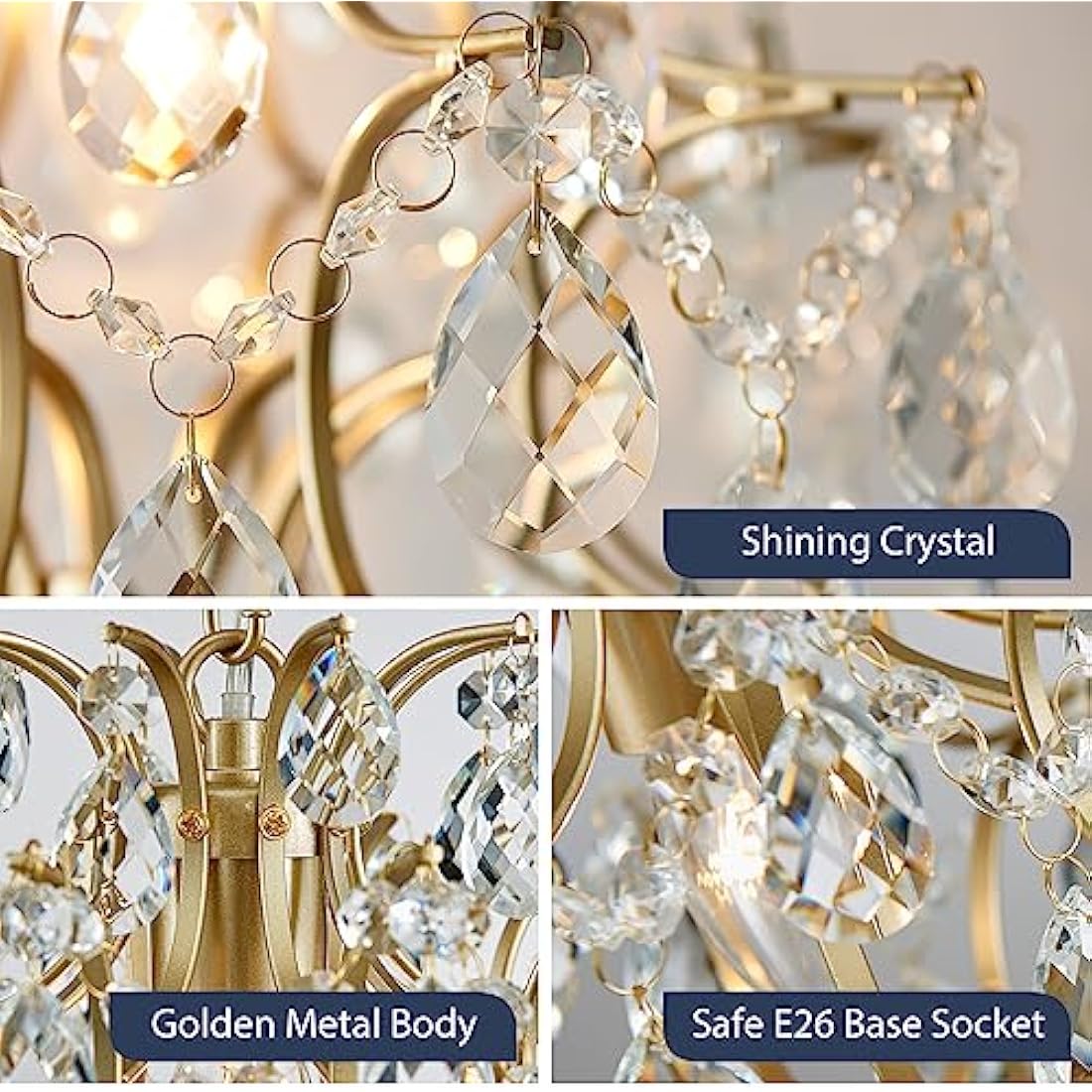 BESTIER Gold Modern Pendant Chandelier Crystal Raindrop Lighting Ceiling Light Fixture Lamp for Dining Room Bathroom Bedroom Livingroom 1 E27 Bulbs Required D32cm x H40cm