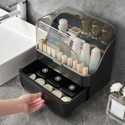 RMAN Makeup Organiser Portable Makeup Storage with Drawer and Clear Lid for Bedroom, Bathroom and Dressing Table, Waterproof and Dustproof - Black
