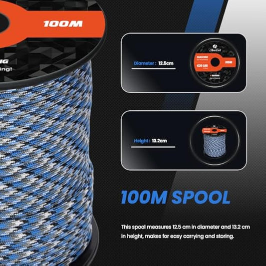 Abma Cord Paracord 4mm 100m 100% Nylon Rope 9 Strands Type III Parachute Cord for DIY, Camping, Survival, Outdoor - Max. 280kg - Blue Snake