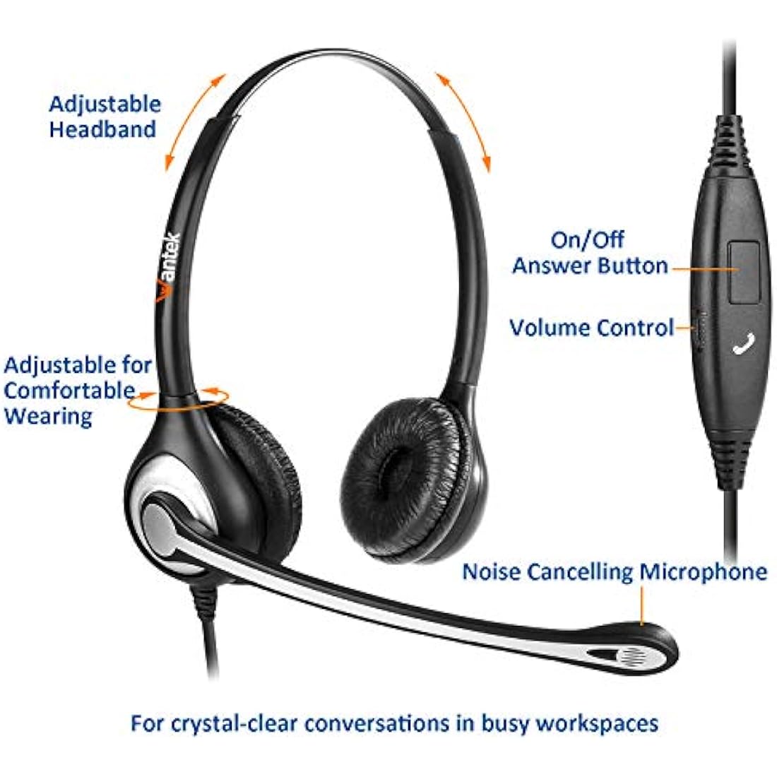 Wantek Cell Phone Headset Binaural with Noise Canceling Mic and Adjustable Fit Headband for iPhone Samsung Huawei HTC LG ZTE Blackberry Mobile Phone and Smartphones with 3.5mm Jack(F602J35)