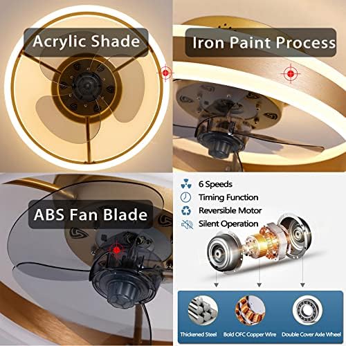 LED Ceiling Fans with Lights Reversible Remote, 6 Speeds Modern Bedroom Fan Ceiling Light Quiet Dimmable Small Ceiling Fan Light for Living Room, Black 40CM